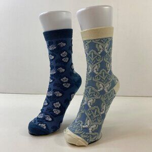Womens Floral Pattern Crew Socks Set 2 Flowers Paisley Blue Green White